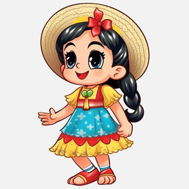 a cute blond little girl dressed for a brazilian junina party, with a blue and yellow flowing dress, braids in her hair, red shoes, happy, Monica's gang style, Graphics Maurício de Sousa, digital art, big eyes, cartoon, clipart , country girl from festa junina from brazil cute drawing white background