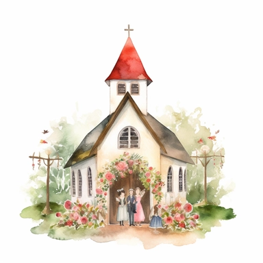 watercolor painting of wedding chapel clipart on plain white background, painted in the style of yoshitomo nara