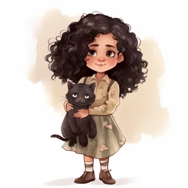 Enaya is a jubilating european 3 years old little girl with nice dark brown curly hairs. she's holds her little black kitty cat in her arms, Watercolor Clipart, full body view, strybk, full Illustration, view from her side, 4k, sharp focus, watercolor, smooth soft skin, soft lighting, detailed face, concept art, muted colors, watercolor style, strybk, children's style fairy tales, chibi kawaii, . Octane rendering, 3d. Perfect face, detailed face, delicate face, perfect sharp lips, detailed eyes.