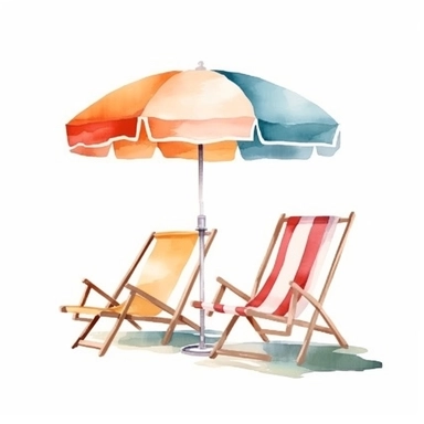 Watercolor A beach umbrella shading a pair of beach chairs clipart, Minimalist, isolated white background, 8k