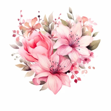Delicate watercolor illustration of a pink flower bouquet, captured from a side angle, presented within a heart-shaped frame, evoking feelings of love, romance, and the tender beauty of heartfelt gestures, clipart on a clean white background.