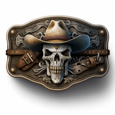 clipart, solid watercolor, realistic, detailed, isolated white background western belt buckle with skull clipart