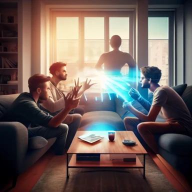 four human hands pointing (in discrimination), towards a young stressed olive skin, tall, blue eyed, beautiful man in a well lit modern living room with wide windows,comfortable couches, a nice coffee table with magaines on top, 8k ultra realistic 64bit color depth, people looking down on him, he is sitting in a calm modern and calm toned study, emotional conveyance , 3d clipart