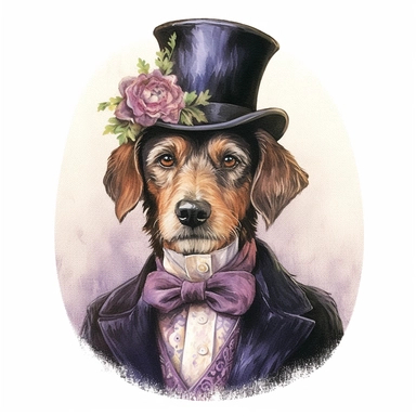 An exquisite illustration of a Victorian-inspired dog, donning an elegant velvet coat adorned with delicate lace trim, accompanied by a dainty bowtie and a feathered hat. Clipart, watercolor, white background, intricate detai