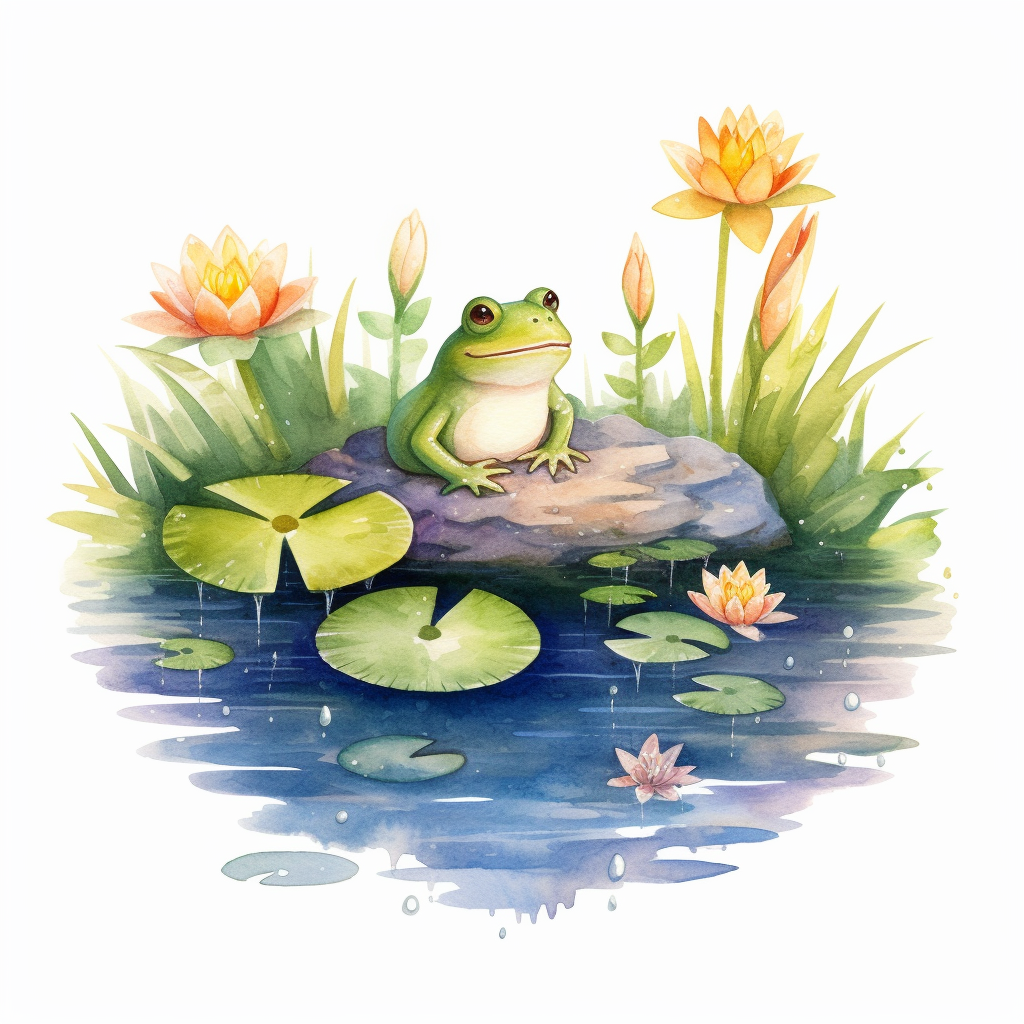 Watercolor Lily Pond Clipart - springtime cute lily pad and frog pond ...