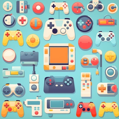 Gamepads vector clipart, vector cute collection, in the style of# screenshotsaturday, light blue soft pastel background, flat areas of color, flat color blocks, 1970–present, rough - edged 2d animation, lightbox, colorful animation stills, high quality clipart, front view