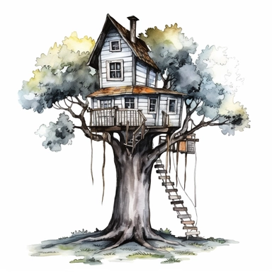 watercolour treehouse clipart illustration, on an isolated clean white background, with black ink outline and black border, cut out