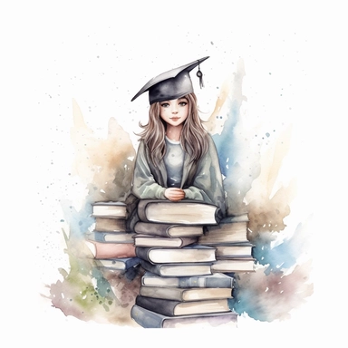 beautiful cartoon graduation girl sitting on the huge pile of books clipart, wears cap and cloak, woman empower, clear distinct with the white background, watercolor, no comment, 8k,