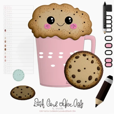 cookie character, clipart, mascot, to do list clipart, planner clipart, stationary, coffee cup, pink and white, c20, no words or letters, no numbers