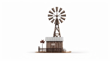 Envision a classic western windmill, standing alone against a stark white background. The windmill is a symbol of the old west, with its wooden structure and spinning blades. The medium is a clipart style, with clean lines and a minimalist aesthetic. The style is reminiscent of vintage western illustrations, with a focus on the iconic silhouette of the windmill. The lighting is neutral, with the white background providing a stark contrast to the dark outline of the windmill. The colors are monoc