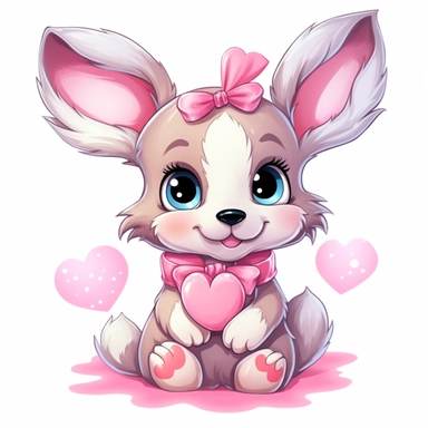 kawaii a very cute cuddly eyes happy puppy wearing a pink coat giving out heart's clipart Easter spring bunny scrapbooking Crafton digital paper white background