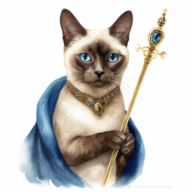 A clipart of a Siamese cat wearing a golden crown and a blue tunic, holding a scepter as a prince, watercolor style, realistic, bright colors, 300 dpi, 8k, white and clear background