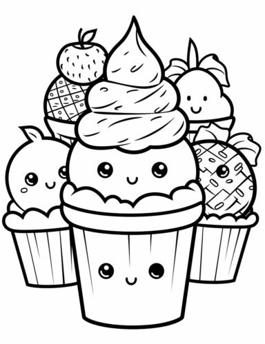 Kawaii Cake Icecream with delightful designs and flavors, like blueberry, chocolate chip, and banana For Simple Coloring page,line art, thick lines, black and white,clipart, illustration, on white background,margin Page 10px