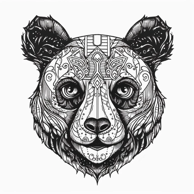black tribal panda face, line art, sacred geometry, minimal, png, vector, clipart, white background