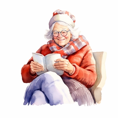 a heartwarming watercolor clipart image with a white background, featuring cute sweet extremely happy Granny enjoying a cup of hot cocoa while reading her favorite book.