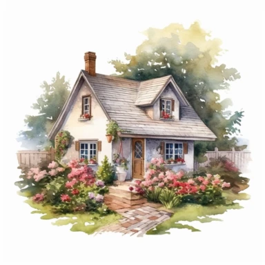 a beautiful humble cottage surrounded by trees and a few potted plants and flowers, soft warm colors, watercolor, detailed, clipart, clean, ((white background))