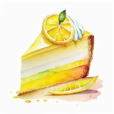 Watercolor one lemon cake slice Clipart, citrus lemon, vibrant color, high details, white background, no text