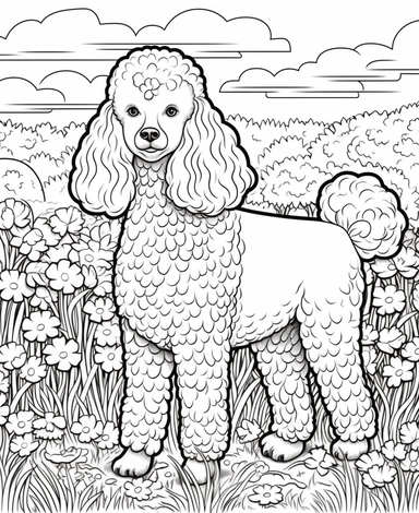 expert coloring page style of ultrarealistic Poodle Dog breed Clipart, simple garden background, simple line art, line is crisp and clean, easy to color, masterpiece