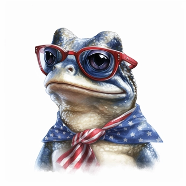 closeups shot, low angle, watercolor style, Poison dart frog, wears American flag scarf and sunglasses, hyper-realistic animal illustrations, 2d game art, quadratura, clipart, on white background,