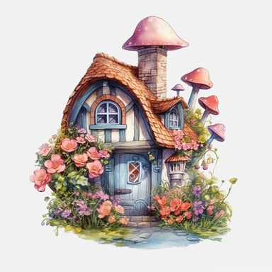 disney style little fairy house clipart, full of flowers around house, pastel color, watercolor clipart, png file, hyper realistic, transparent background,high detail, 8k