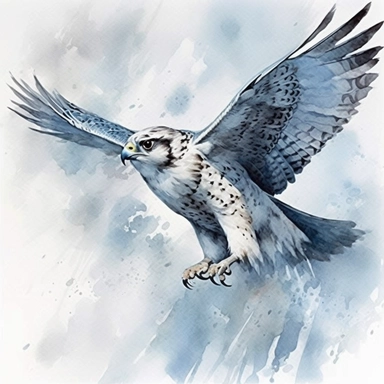 High level watercolor, hyper-realistic, white bordered background, 8k, super-detailed clipart, large, futuristic, majestic ice falcon soaring gracefully in a frosty winter sky, fabulous, cool, pastel blue