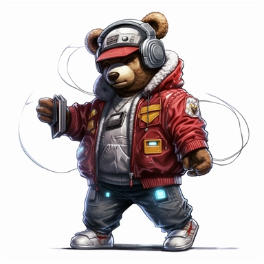 clipart of a cool Teddy bear wearing a tracksuit, with a dollar sign necklace and a boombox on its shoulder, white background, in the style of cyberpunk realism, chiaroscuro portraiture, street style realism, ultra hd, Leica m6,