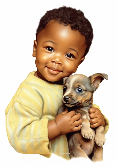 a cute retro vintage African infant baby boy with a puppy. Color pencil sketch, soft baby colors, on a white background for clipart.