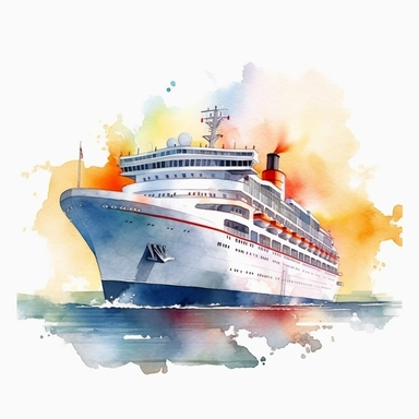 Cruise ship Watercolor Clip art,sun in the background, white background