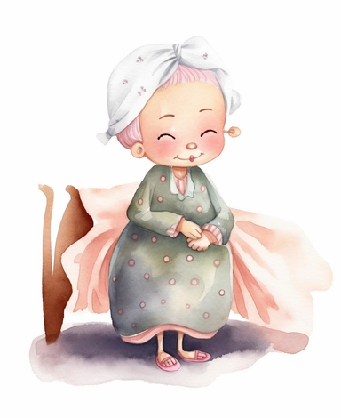 cute little granny dressed for bed, watercolor clipart, minimalist, isolated white background, cute, 8k, spacing, full body,