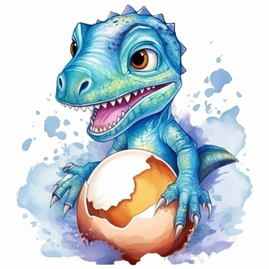 t-rex baby cute dinosaur hatching from egg, realistic, kids cartoon sublimation watercolor clipart design