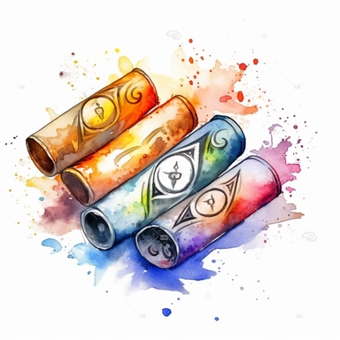 A mystical clipart design of ancient magic scrolls, with glowing runes and ethereal elements, symbolizing the ancient secrets and powerful spells contained within the scrolls, watercolor, white background