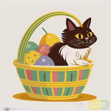 clipart of very cute abyssian kitten, playing in a basket full of easter eggs, solid white background, in the style of mary blair, vintage disney animation style