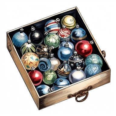 Ella bailey watercolour illustration with black gel pen outline style box of vintage christmas ornaments, high definition, 8k, insanely detailed, fine detail, sharp focus, illustration, white background, isolated clipart vector
