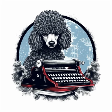 simple clipart of poodle typing on an old typewriter, make the image so it is oval, like an icon type image, with the words nearby snipoodle in big letters
