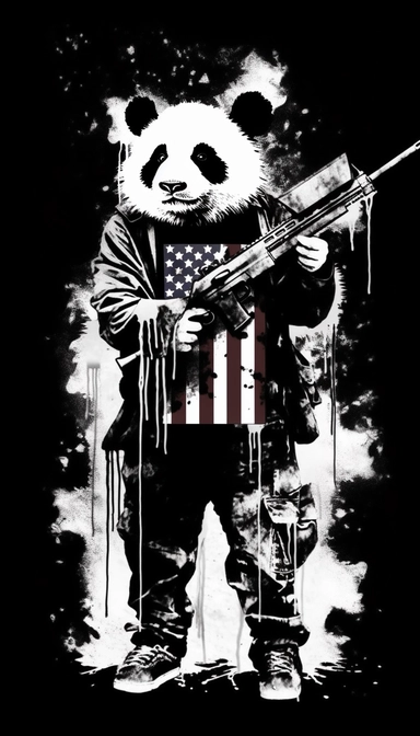 Panda dressed as a graffiti artist holding a gun black and white, silhouette of American flag background, minimalist clip art by Mr. Brainwash