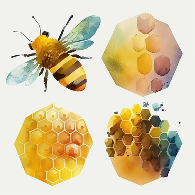 watercolor bee comb shape set of 4 clipart, beautiful yellow, in the style of collage-like elements, cartoonish style, paul wonner