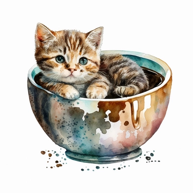 kitten in a modern soup bowl, cute, vintage teacup, watercolor, white background, clipart