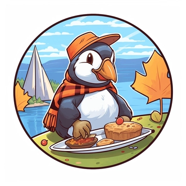 Depicting an Atlantic puffin enjoying a maple syrup-themed picnic. The design should combine the puffin's charm with Canadian culinary traditions. The artwork can feature the puffin holding a pancake and a bottle of maple syrup, with a cheerful expression on its face.r, that can be used as a sticker, colorful, highly detailed, white background, style of pixar clipart, white background,--no cut off edges