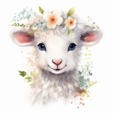 floral cute lamb clipart, original hand drawing, watercolor, understated and flawless for t shirt and cup printing, happy cute smily, transparent background, realistic painting, portrait without writing , style of the artwork, mood of the artwork, vector, contour , white background, 8K quality, ultra detailed , without signature and without meaningless lines, clipart, white background, High Quality, no writting background, no writting, ultra detailed, no symbol, without logo and emblem