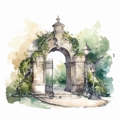 Watercolor luxurious stone garden courtyard, with green arch shaped hedge entrance gate spring garden palace clipart with water fountain and lush green tree