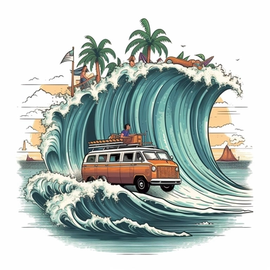 Craft a dynamic image of a van riding a powerful wave, surfboards perfectly aligned, with a majestic waterfall cascading in the background, highlighting the van's elegance against a white canvas, mystical, illustration style, white background, clipart, PNG pure white background, high resolution, hyper detailed, best quality, high detailed illustration
