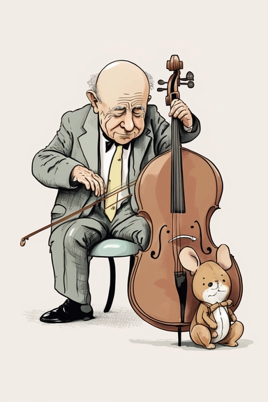 Pablo Casals with cello, illustration by Beatrix Potter, 8k, no shadow, white background, clean background, no items in the background, svh clipart style, png, solid white background