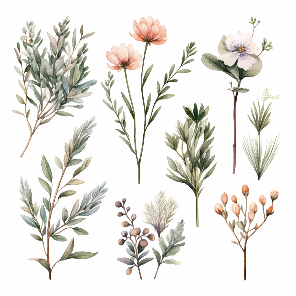 gorgeous set of wild Lapland plants clipart, flowers branches buds ...