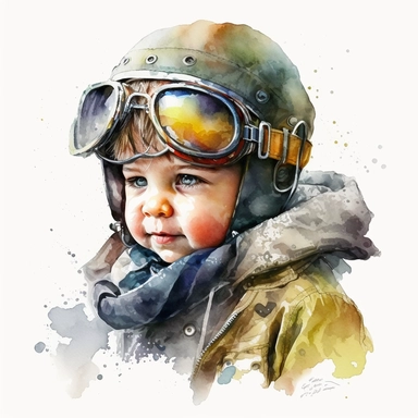 little aviator boy, boy in the aviator department, aviator cap, splash , watercolor by Thomas W.Schalle, clipart, white background