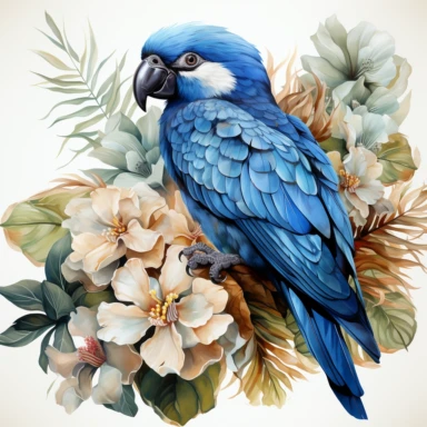 hyperrealistic ultra detailed watercolor clipart, blue parrot with jungle flowers, white background, in the style of digital print, clipart, illustration, sticker, ultra high definition, rich details, 32K, HD