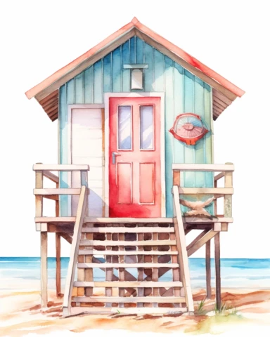 watercolor clipart beach hut, hyper realistic, 8k, isolated on white background