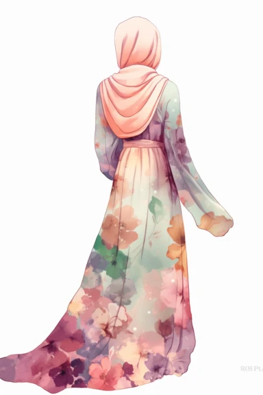 Hijabi woman back full body view clipart illustration, no face is seeing, muslim lady clipart, veiled woman clipart, floral lady hijab clipart , pastel colors, digital illustration style,