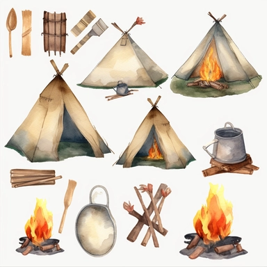 watercolor cartoon camp fires and tents clip art realistic white background
