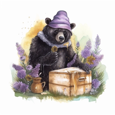 hand drawn black bear that is wearing a beekeeper outfit, smoking the beehive and honey and honeycomb is in crates, bumblebees, purple flowers and grass, very detailed, very realistic, watercolor, clipart style