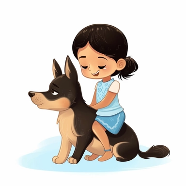 light skin baby girl with black hair and blue dress riding a brown canaan dog seen from behind in children's book style clipart
